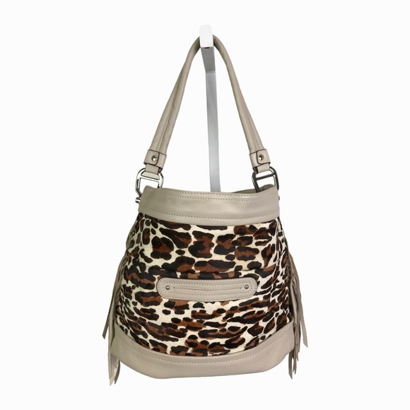 B Makowsky Women's Handbag Purse Tote Bag Boho Cream Brown Tan Leather Fringe M - Picture 1 of 8